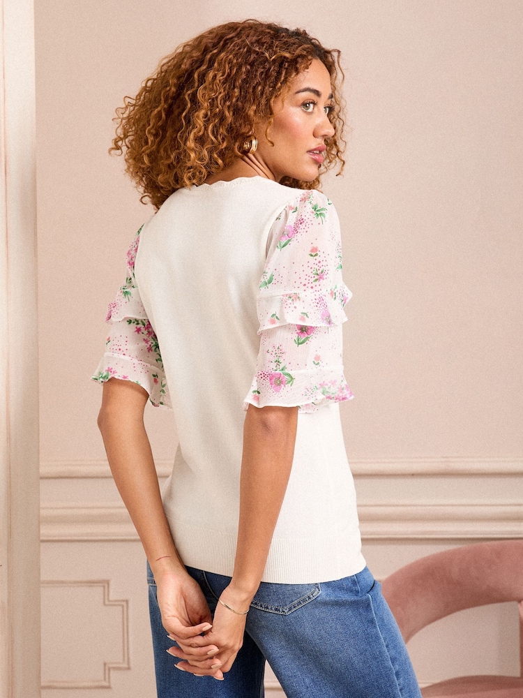 Love & Roses Ivory Fine Gauge Woven Frill Sleeve Knitted Top - Image 5 of 5