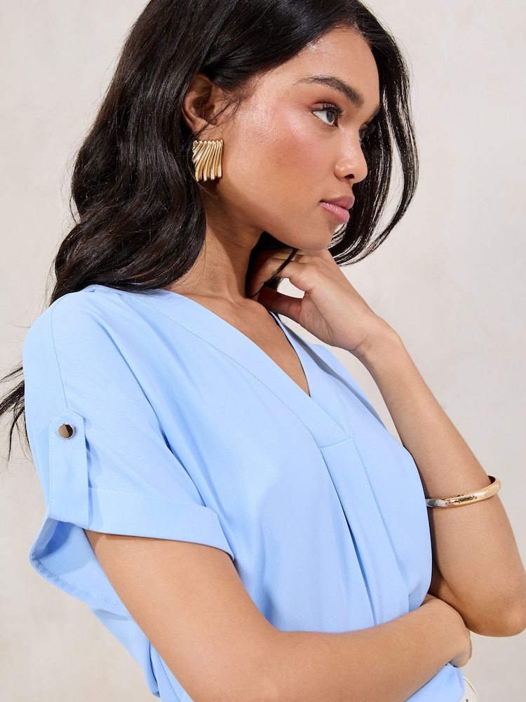 Lipsy Blue Utility V-Neck Short Roll Sleeve Top - Image 1 of 4