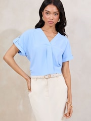 Lipsy Blue Utility V-Neck Short Roll Sleeve Top - Image 2 of 4