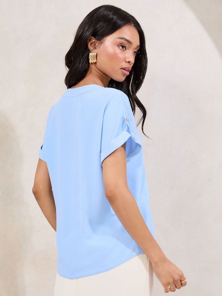 Lipsy Blue Utility V-Neck Short Roll Sleeve Top - Image 4 of 4