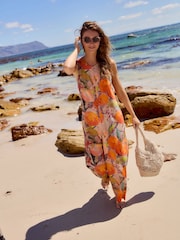 Orange Fruit Print Linen Sleeveless Jumpsuit - Image 1 of 5