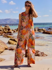 Orange Fruit Print Linen Sleeveless Jumpsuit - Image 2 of 5