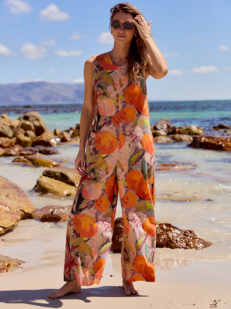 Orange Fruit Print Linen Sleeveless Jumpsuit - Image 2 of 5
