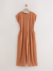 Rust Brown Wide Leg Tie Waist Textured Jumpsuit - Image 5 of 7