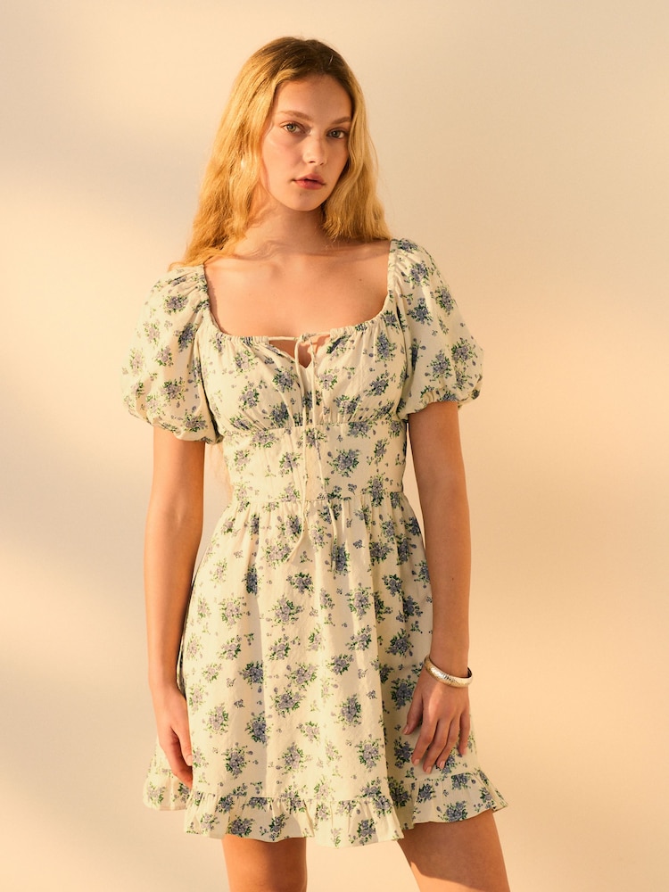Cream/Ecru Ditsy Floral 100% Cotton Puff Sleeve Milkmaid Mini Dress - Image 1 of 8