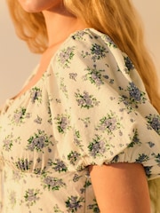 Cream/Ecru Ditsy Floral 100% Cotton Puff Sleeve Milkmaid Mini Dress - Image 5 of 8