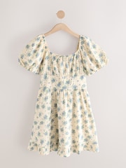 Cream/Ecru Ditsy Floral 100% Cotton Puff Sleeve Milkmaid Mini Dress - Image 6 of 8