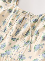 Cream/Ecru Ditsy Floral 100% Cotton Puff Sleeve Milkmaid Mini Dress - Image 7 of 8