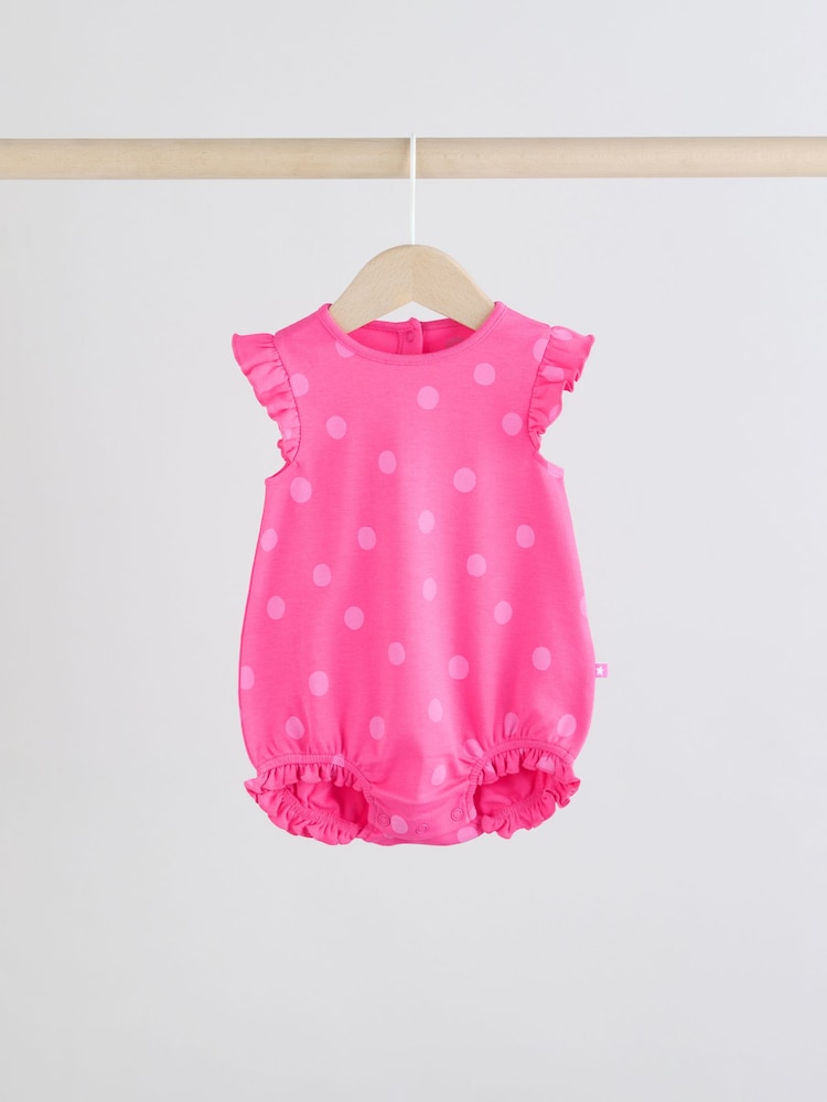 Pink Tonal Heart Printed Baby Frill Jersey Rompers 3 Pack - Image 3 of 10