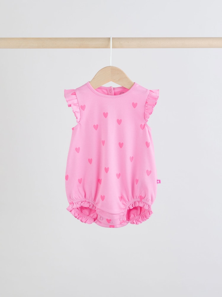 Pink Tonal Heart Printed Baby Frill Jersey Rompers 3 Pack - Image 5 of 10