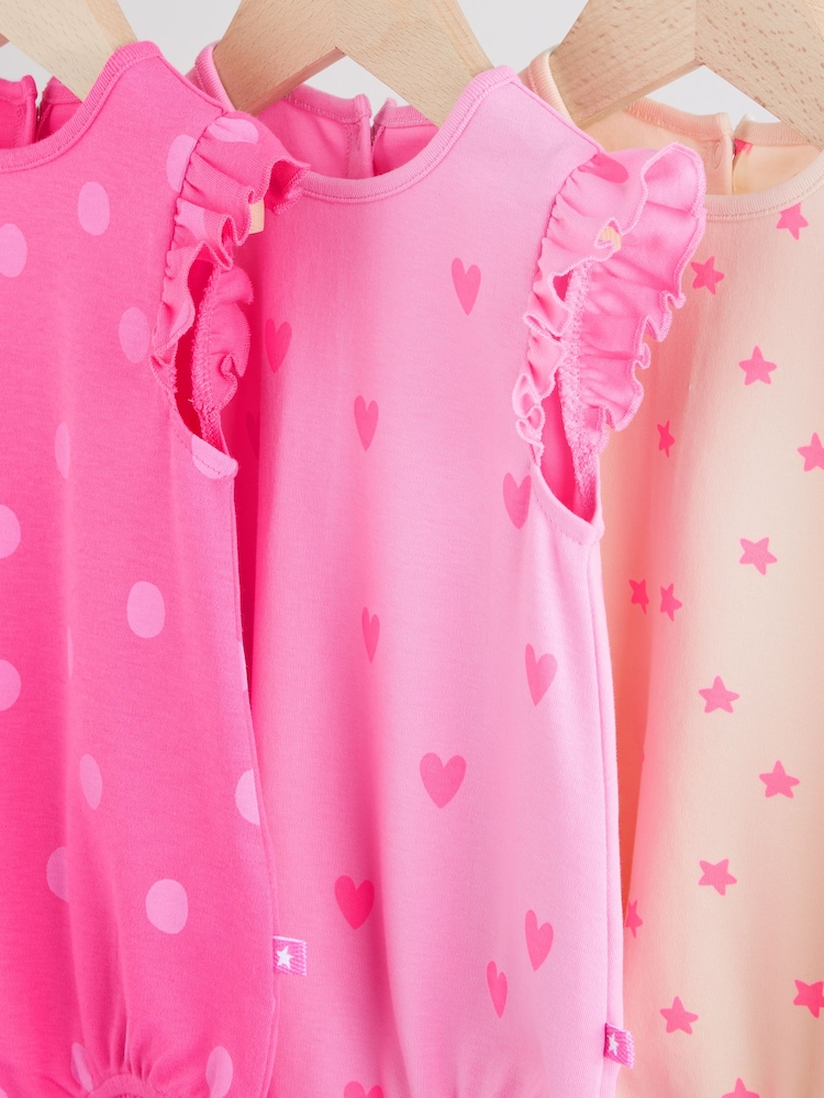 Pink Tonal Heart Printed Baby Frill Jersey Rompers 3 Pack - Image 7 of 10