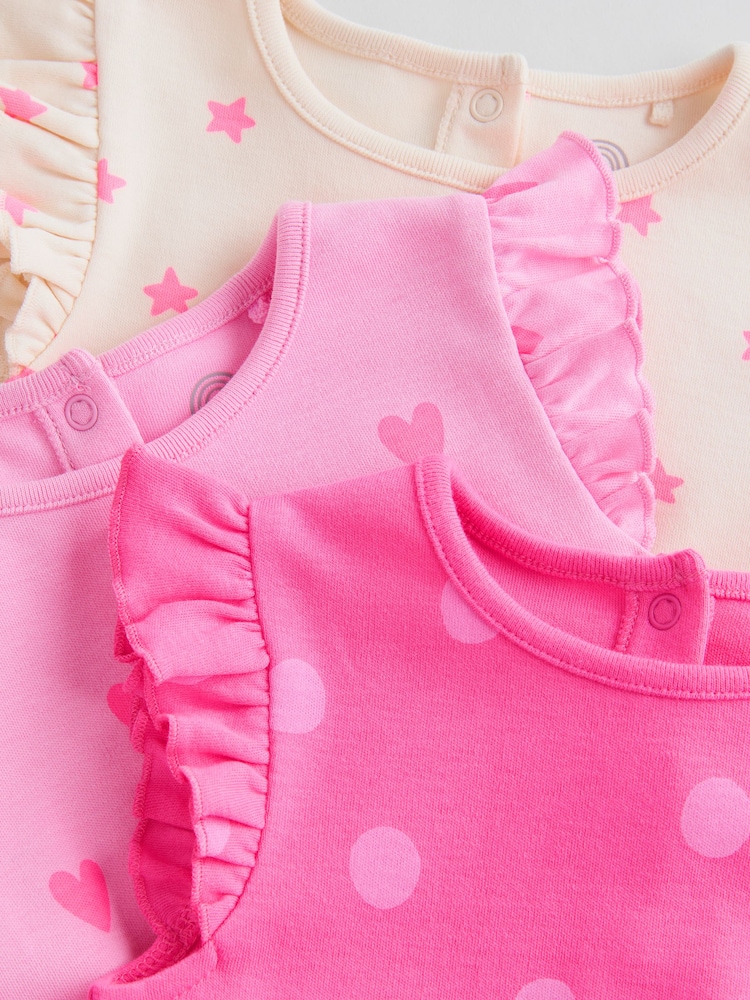 Pink Tonal Heart Printed Baby Frill Jersey Rompers 3 Pack - Image 8 of 10