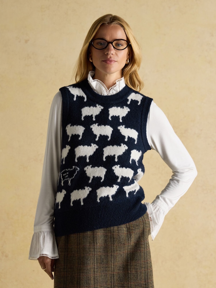 Joules What The Flock Navy Intarsia Knitted Vest - Image 1 of 7 Joules What The Flock Navy Intarsia Knitted Vest - Image 1 of 7
