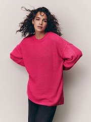 Bright Pink Cosy Crew Neck Longline Tunic Knitted Jumper - Image 1 of 9