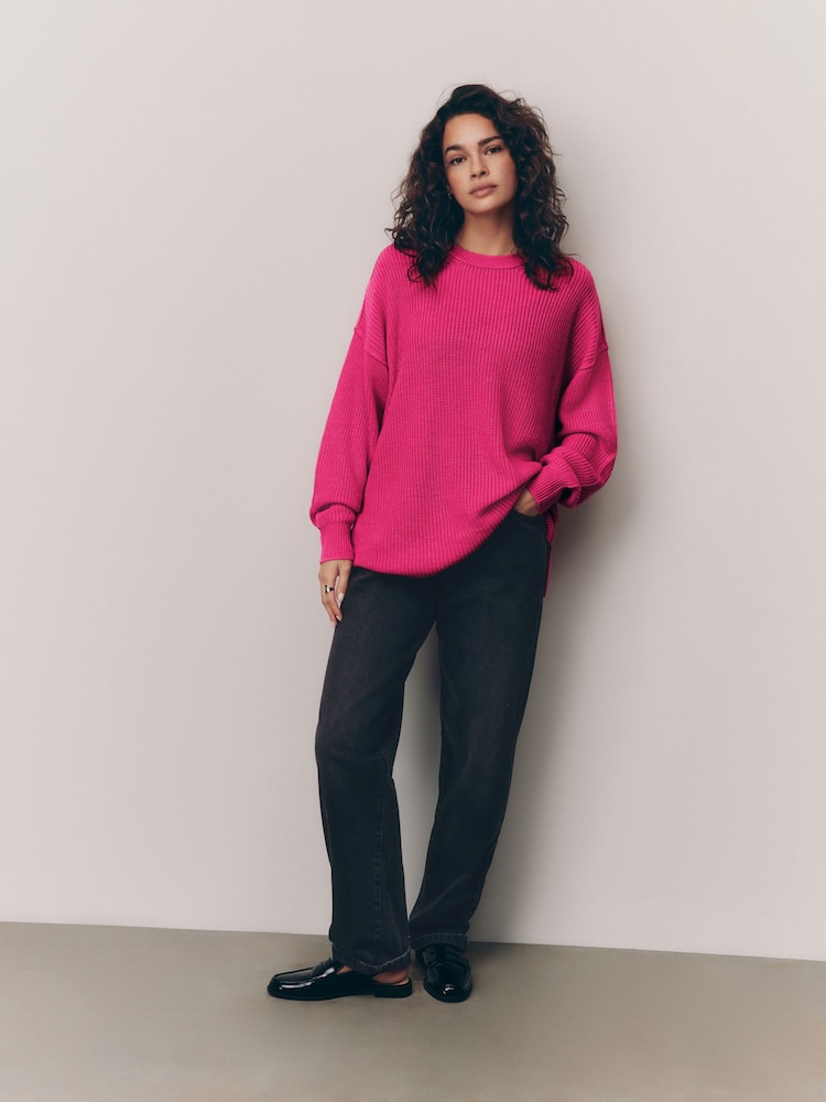 Bright Pink Cosy Crew Neck Longline Tunic Knitted Jumper - Image 2 of 9