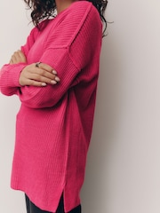 Bright Pink Cosy Crew Neck Longline Tunic Knitted Jumper - Image 3 of 9
