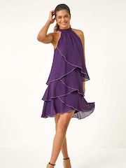 Roman Purple Sequin Trim Tiered Halterneck Dress - Image 1 of 5