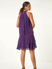 Roman Purple Sequin Trim Tiered Halterneck Dress - Image 3 of 5