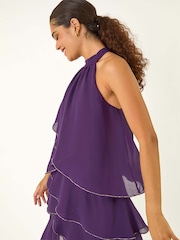 Roman Purple Sequin Trim Tiered Halterneck Dress - Image 4 of 5