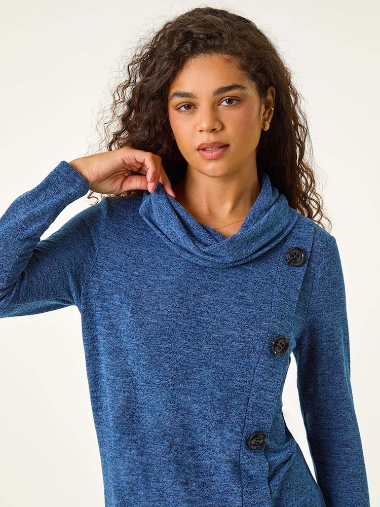 Roman Blue Cowl Neck Buttoned Top - Image 1 of 5