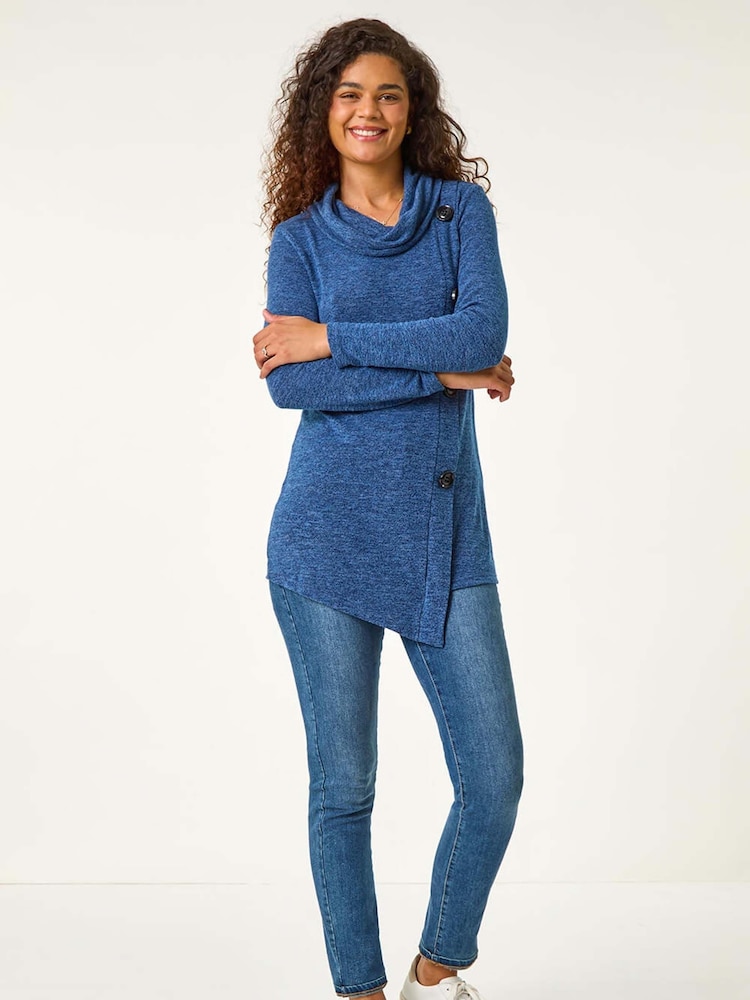 Roman Blue Cowl Neck Buttoned Top - Image 2 of 5