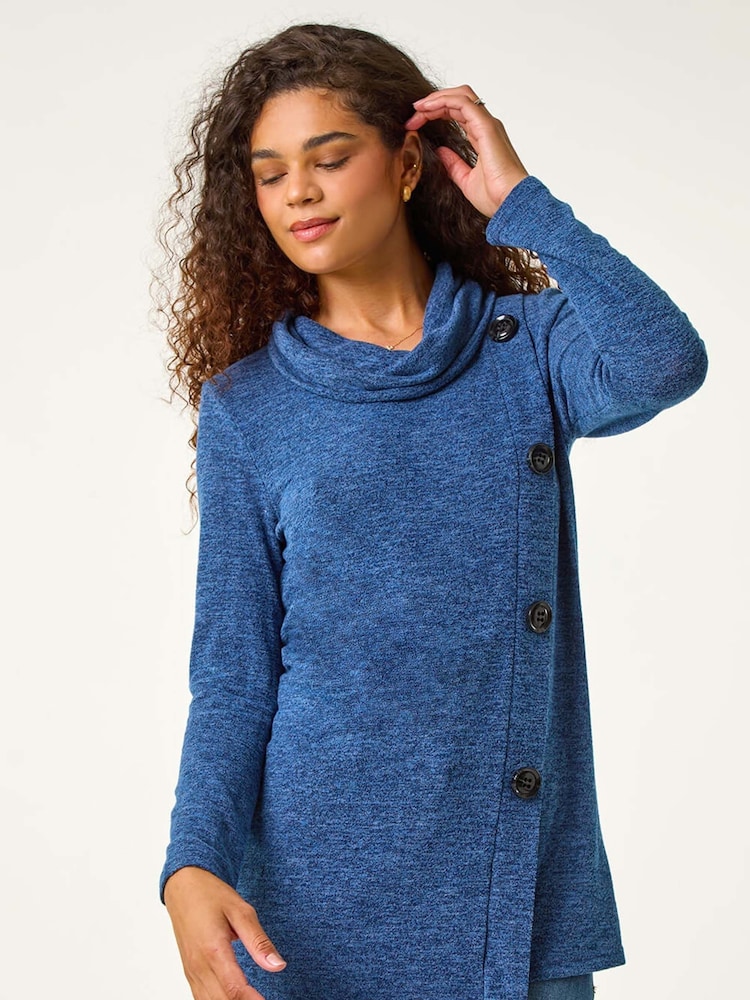 Roman Blue Cowl Neck Buttoned Top - Image 4 of 5