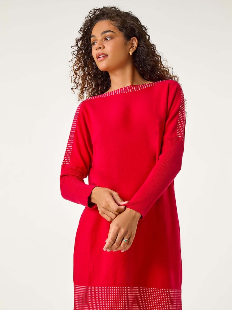 Roman Red Contrast Spot Border Knit Jumper Dress - Image 1 of 5