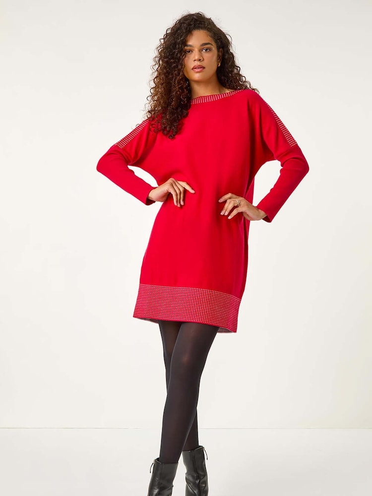 Rot - Roman Pulloverkleid mit Kontrastpunkten und Randmuster - Bild 2 von 5 Rot - Roman Pulloverkleid mit Kontrastpunkten und Randmuster - Bild 2 von 5