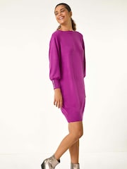 Roman Purple Button Detail Slash Neck Knitted Stretch Jumper Dress - Image 1 of 5