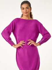 Roman Purple Button Detail Slash Neck Knitted Stretch Jumper Dress - Image 2 of 5