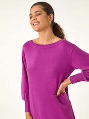 Roman Purple Button Detail Slash Neck Knitted Stretch Jumper Dress - Image 4 of 5