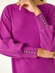 Roman Purple Button Detail Slash Neck Knitted Stretch Jumper Dress - Image 5 of 5