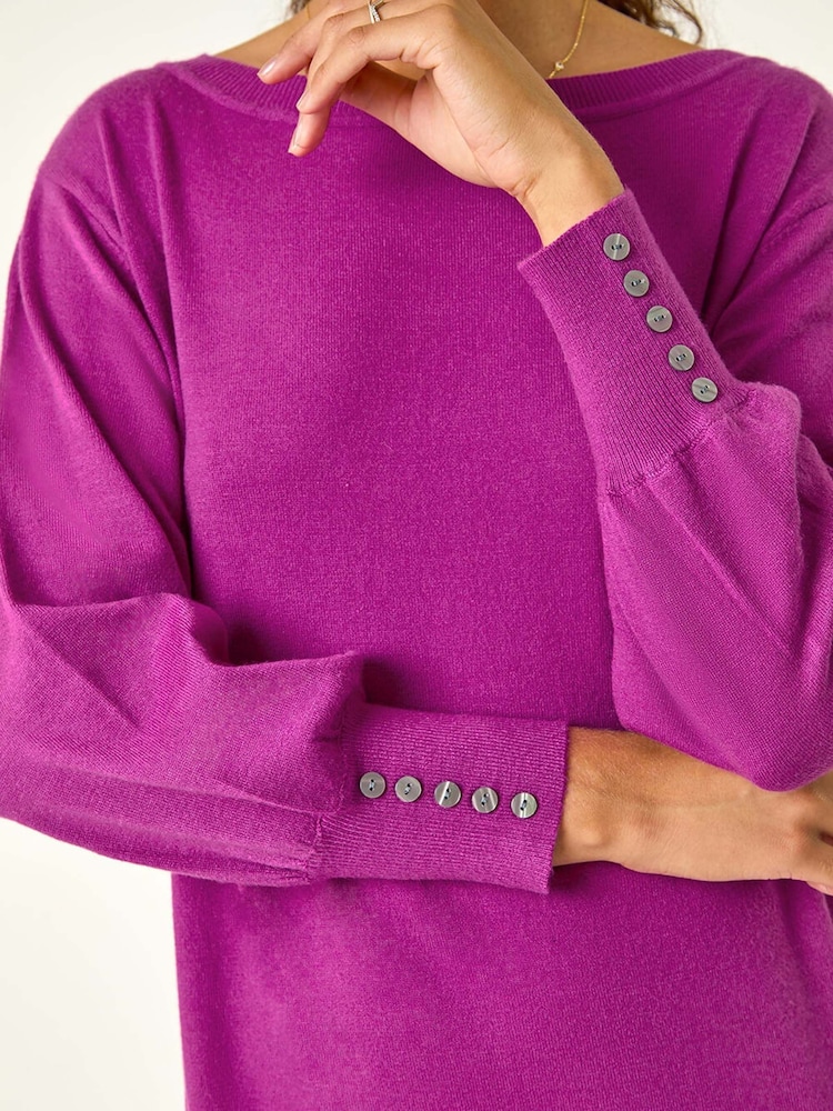 Roman Purple Button Detail Slash Neck Knitted Stretch Jumper Dress - Image 5 of 5