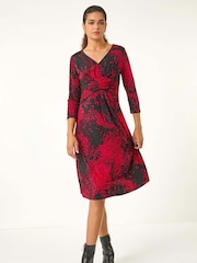 Roman Red Abstract Stretch Midi Dress - Image 3 of 6