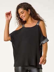 Roman Metallic Shimmer Cold Shoulder Stretch Jersey Top - Image 2 of 5