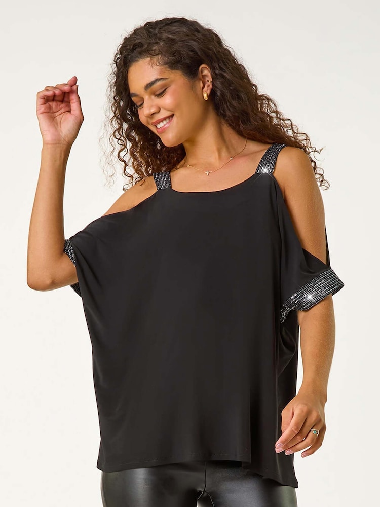 Roman Metallic Shimmer Cold Shoulder Stretch Jersey Top - Image 2 of 5