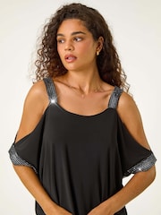 Roman Metallic Shimmer Cold Shoulder Stretch Jersey Top - Image 5 of 5