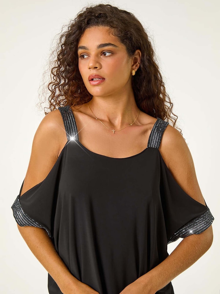Roman Metallic Shimmer Cold Shoulder Stretch Jersey Top - Image 5 of 5