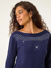 Roman Blue Embellished Boat Neck Jumper - Image 1 of 5