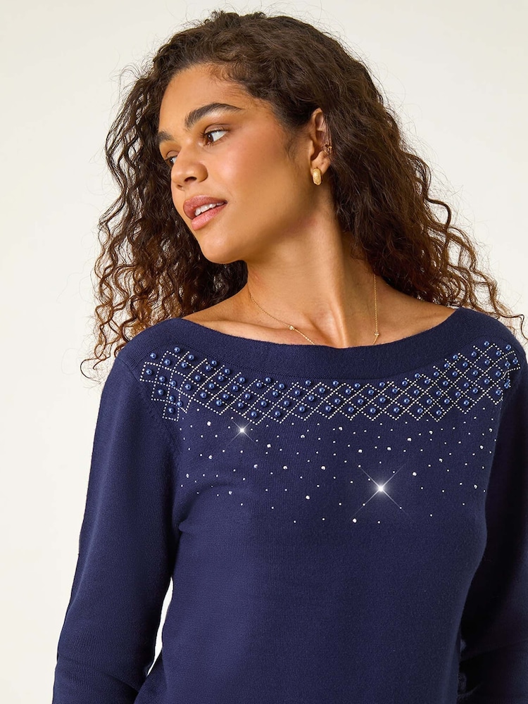 Roman Blue Embellished Boat Neck Jumper - Image 1 of 5