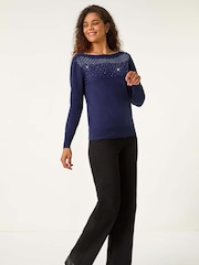 Roman Blue Embellished Boat Neck Jumper - Image 2 of 5
