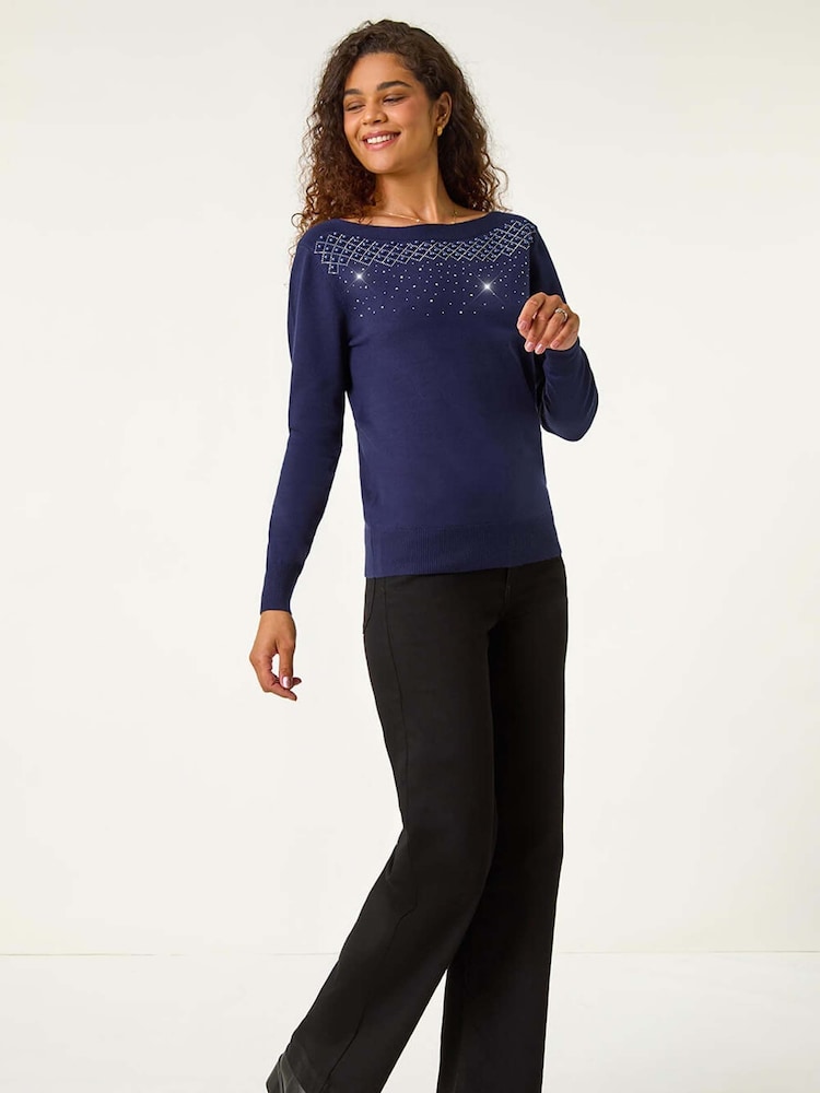 Roman Blue Embellished Boat Neck Jumper - Image 2 of 5