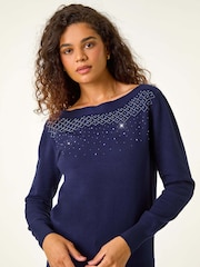 Roman Blue Embellished Boat Neck Jumper - Image 4 of 5