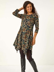 Roman Green Floral Print Hanky Hem Stretch Dress - Image 1 of 5
