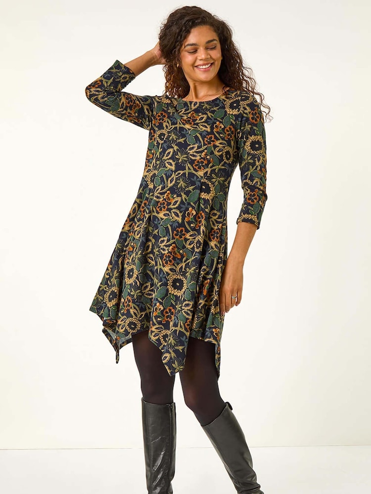 Roman Green Floral Print Hanky Hem Stretch Dress - Image 1 of 5