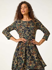 Roman Green Floral Print Hanky Hem Stretch Dress - Image 2 of 5