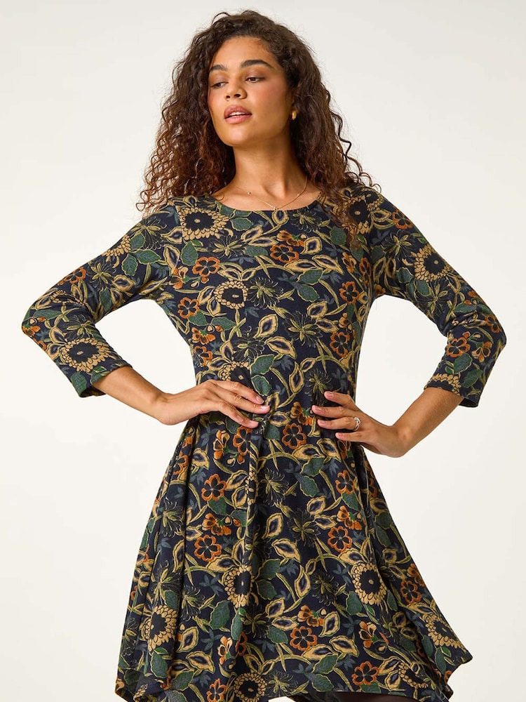 Roman Green Floral Print Hanky Hem Stretch Dress - Image 2 of 5