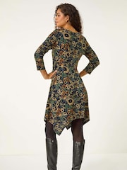 Roman Green Floral Print Hanky Hem Stretch Dress - Image 3 of 5