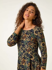 Roman Green Floral Print Hanky Hem Stretch Dress - Image 4 of 5