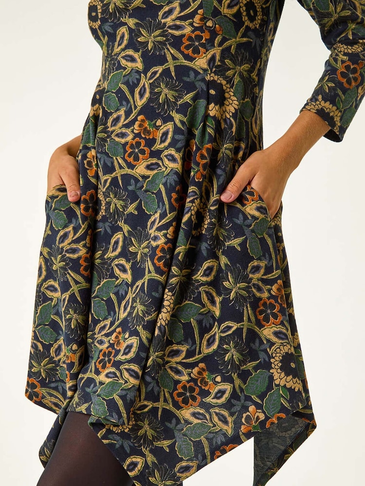 Roman Green Floral Print Hanky Hem Stretch Dress - Image 5 of 5